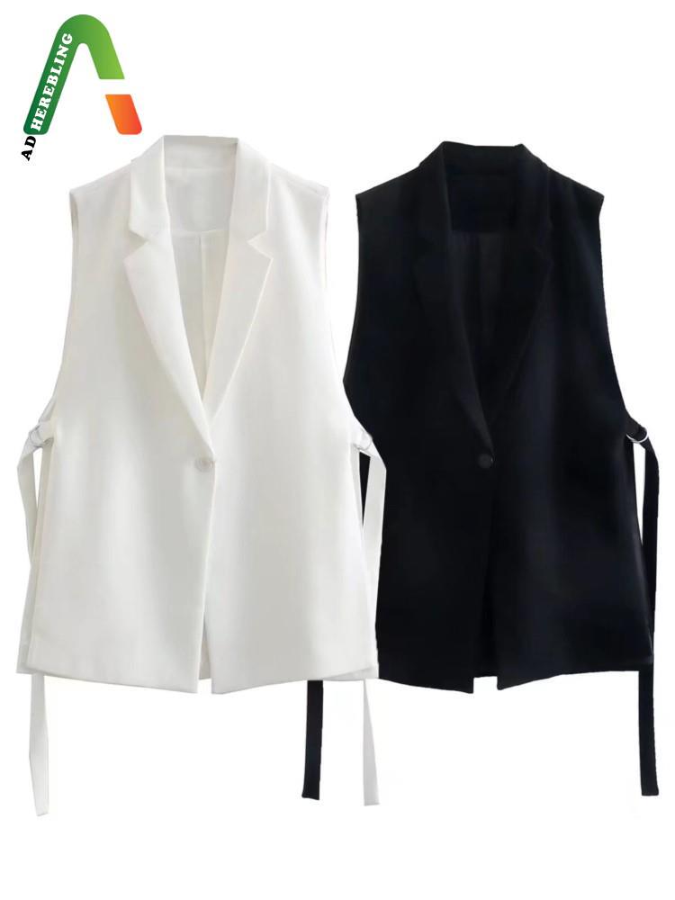 Adherebling 2022 Autumn Women Casual Single Button Traf Waistcoats Vents Side Ribbons Sleeveless Blazers Female Chic Vest Gilets